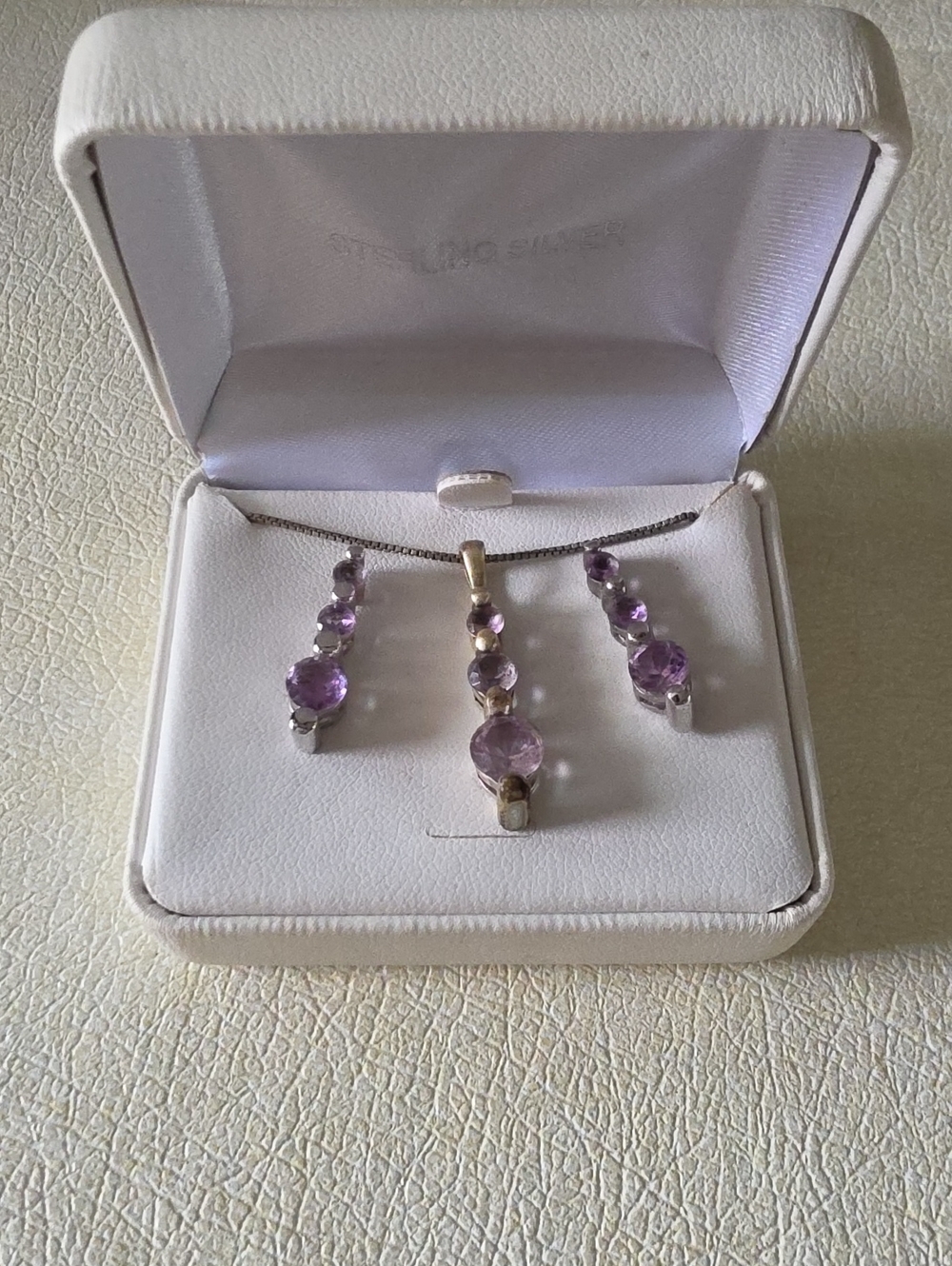 FAS 925 Sterling Silver Amethyst Drop Necklace & Earring Jewelry Set